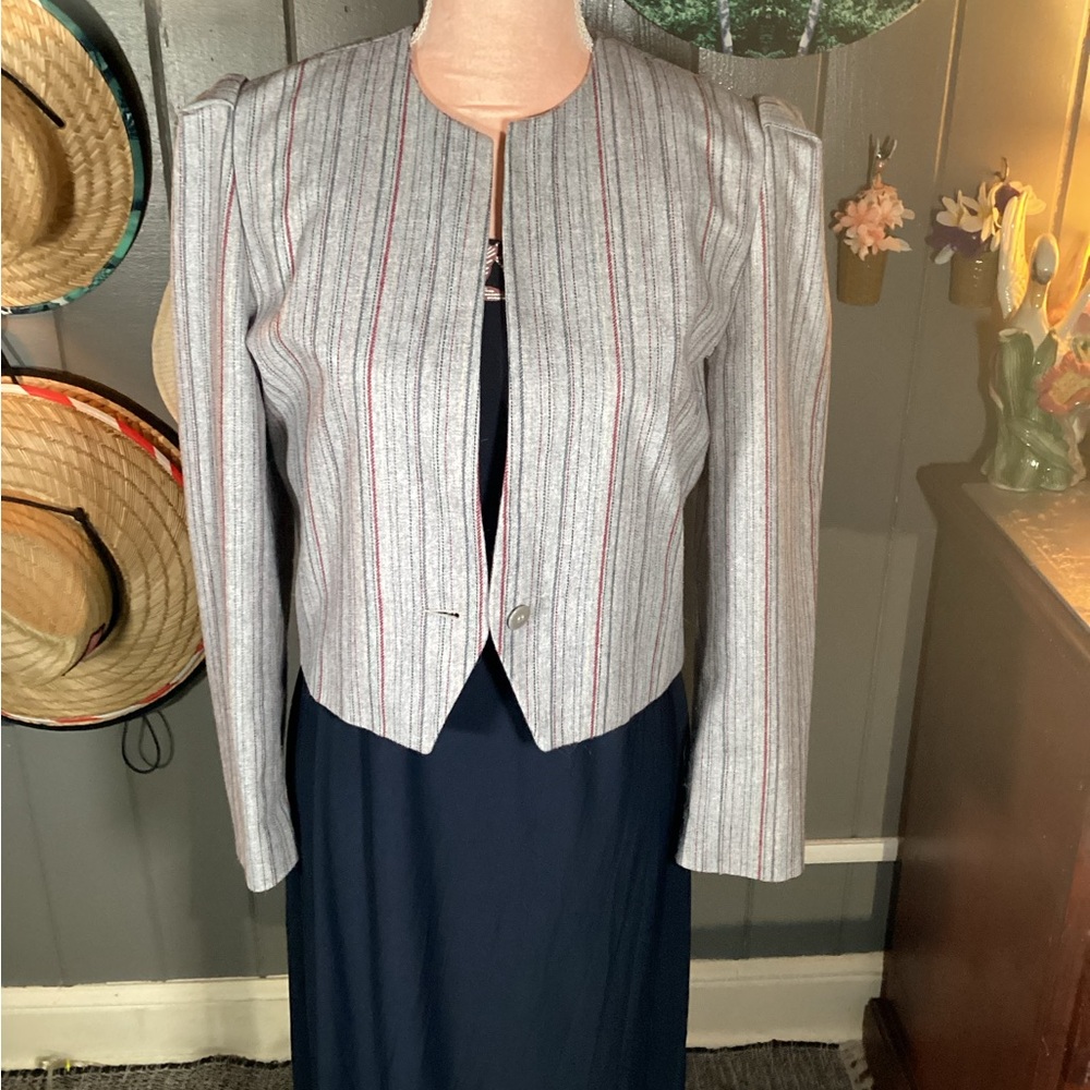 70’s Gray and Red Varied Pinstripes Blazer with Cropped Design Medium Wool Blend